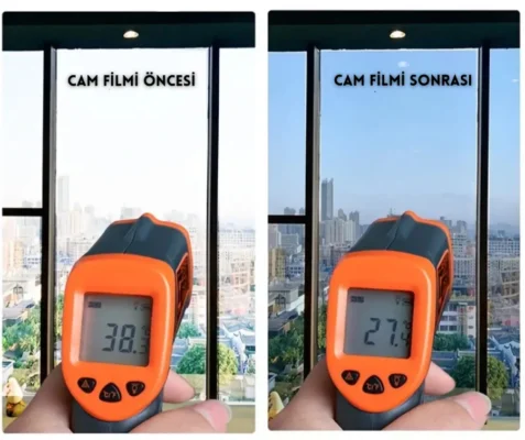 Termometre görüntüsü: Isı yalıtımlı aynalı cam filmi uygulanmış camın, filmsiz cama göre enerji tasarrufu ve düşük ısı farkı.
